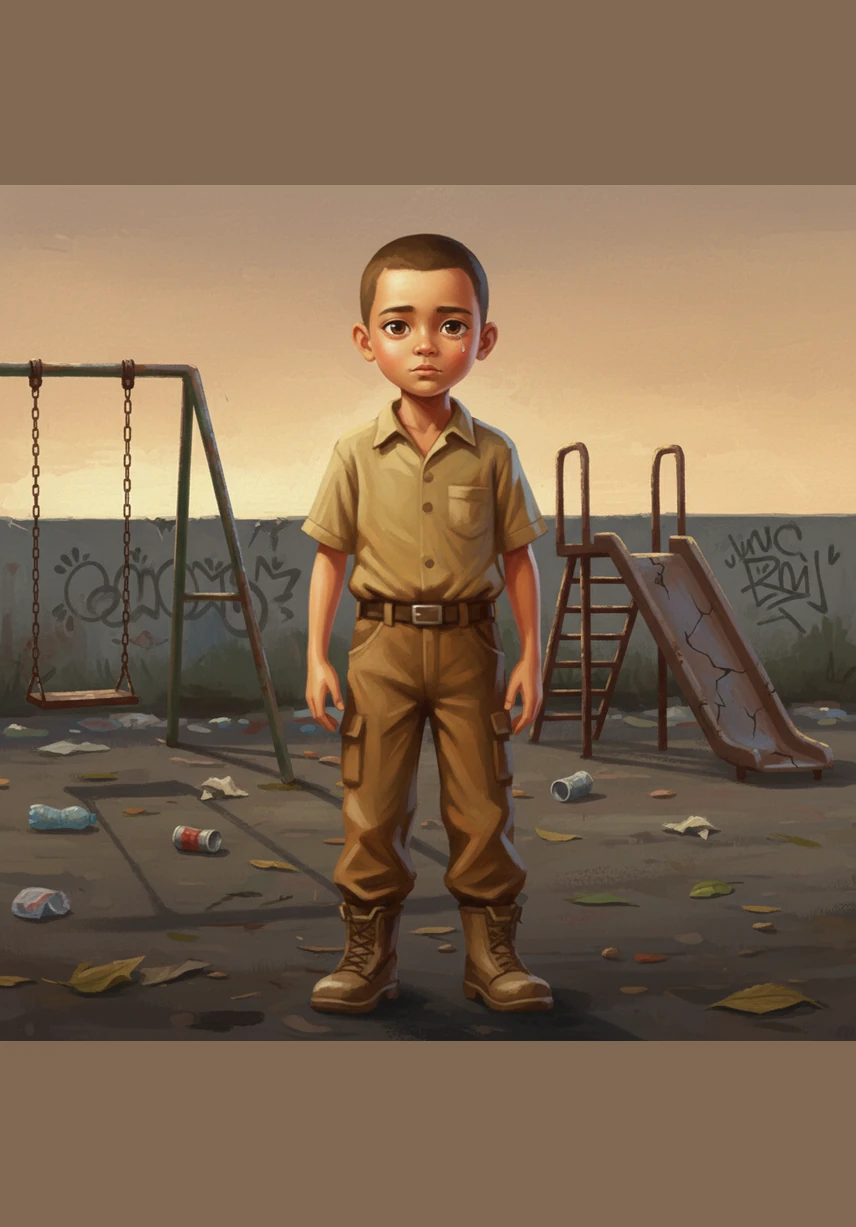 Budi stands in the middle of the local playground, looking sadly at the scattered trash and wilted flowers. His friends, Siti and Agus, join him, realizing that their favorite place to play has become messy and neglected.