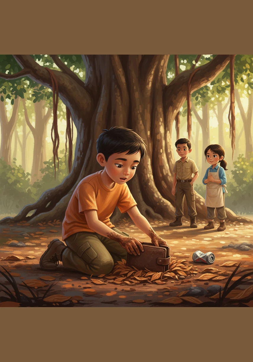 While reaching for a crushed soda can near a large banyan tree, Budi notices something unusual buried beneath the dry leaves. He brushes away the dirt to reveal a thick, brown leather wallet that looks very important.