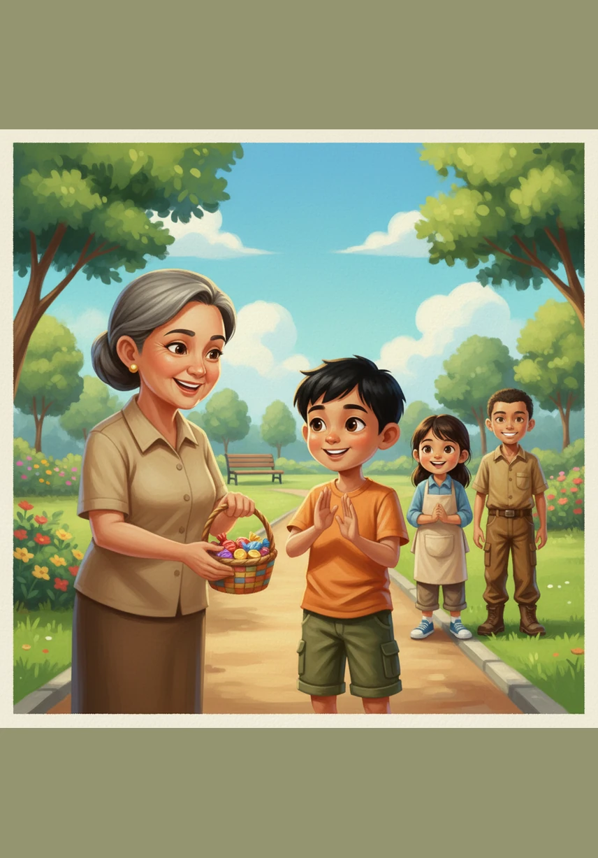 Mrs. Ratna offers the children a reward for their kindness, but Budi politely declines with a warm smile. Instead, he invites her to see the newly cleaned park, explaining that they just want everyone to enjoy a healthy and beautiful environment.