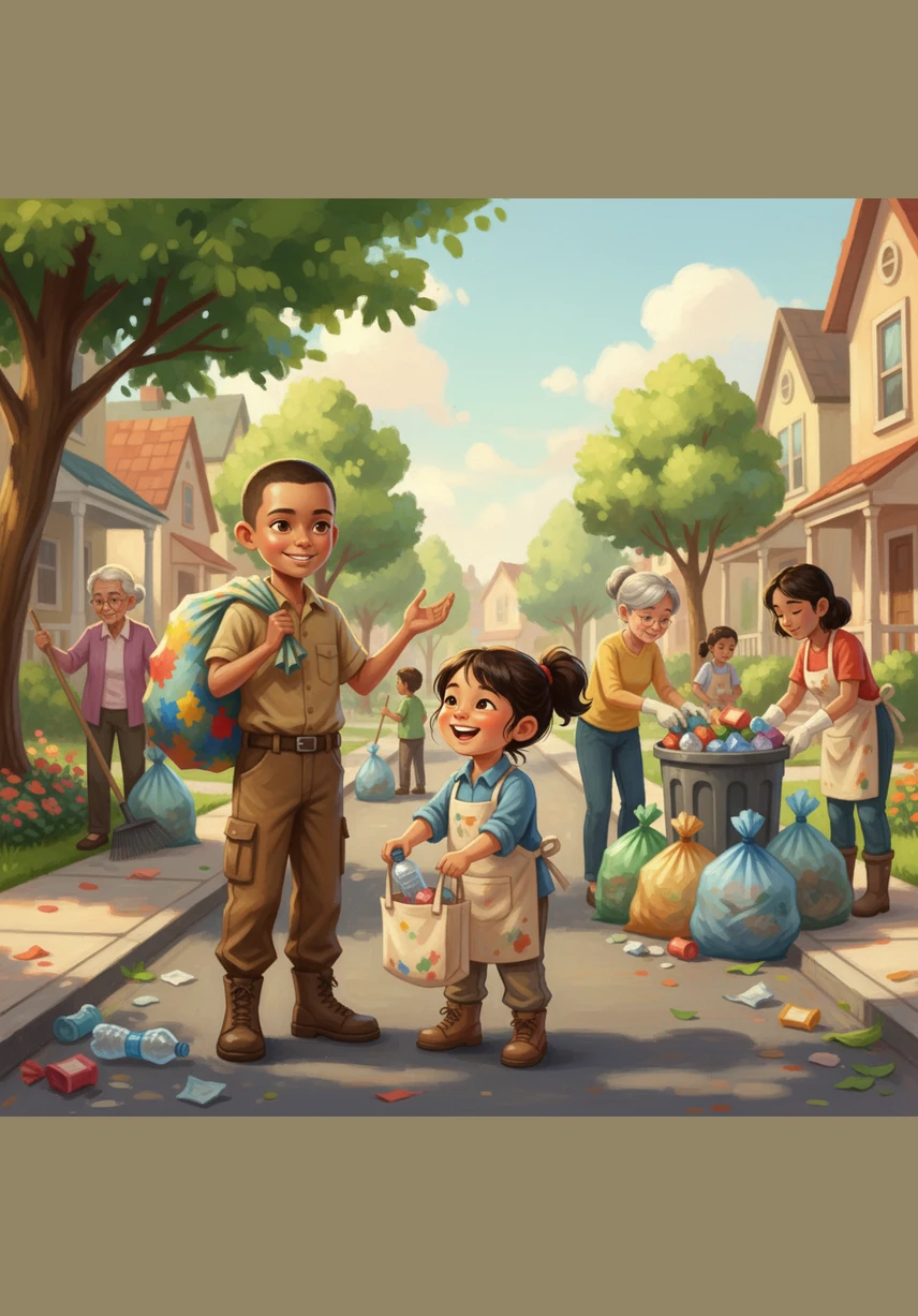 Inspired by the children’s honesty and hard work, other neighbors come out of their houses to help plant new flowers and paint the old benches. The spirit of cooperation spreads through the street like sunshine, bringing the whole community together.