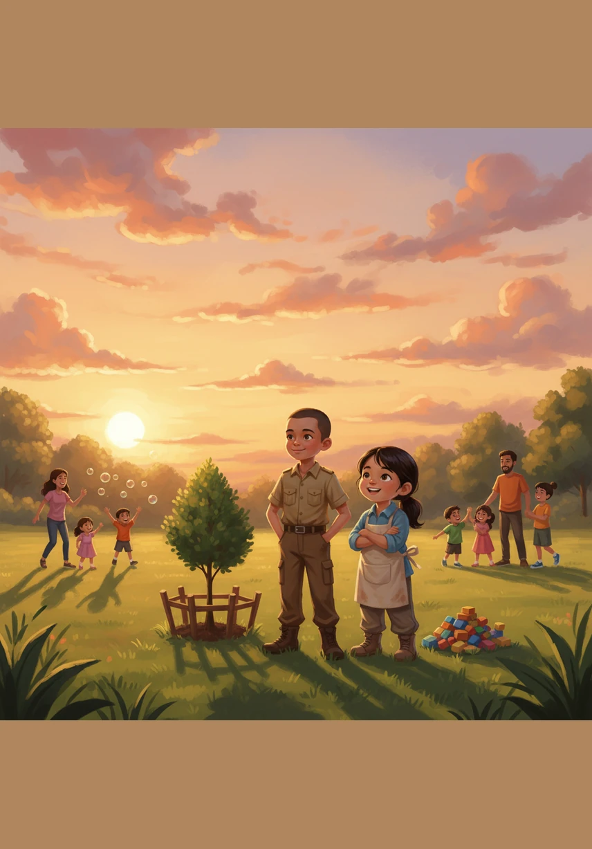 As the sun sets, the park glows with beauty and the laughter of happy families playing in the clean grass. Budi feels a deep sense of pride, knowing that being honest and caring for nature has created a wonderful place for everyone to enjoy.
