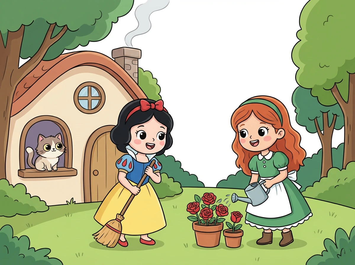 Once upon a time, there lived two sweet sisters named Snow White and Rose Red. They lived with their mother in a cozy cottage by the woods, always helping with chores and playing happily together.