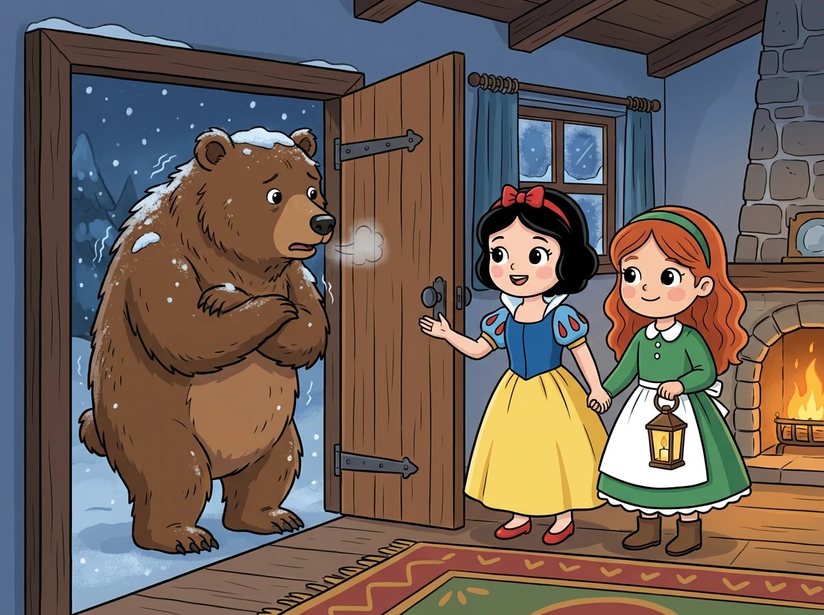 One cold winter evening, there was a knock at the door. A big, shaggy bear stood shivering outside! The sisters, without hesitation, invited him in to warm himself by the fire.
