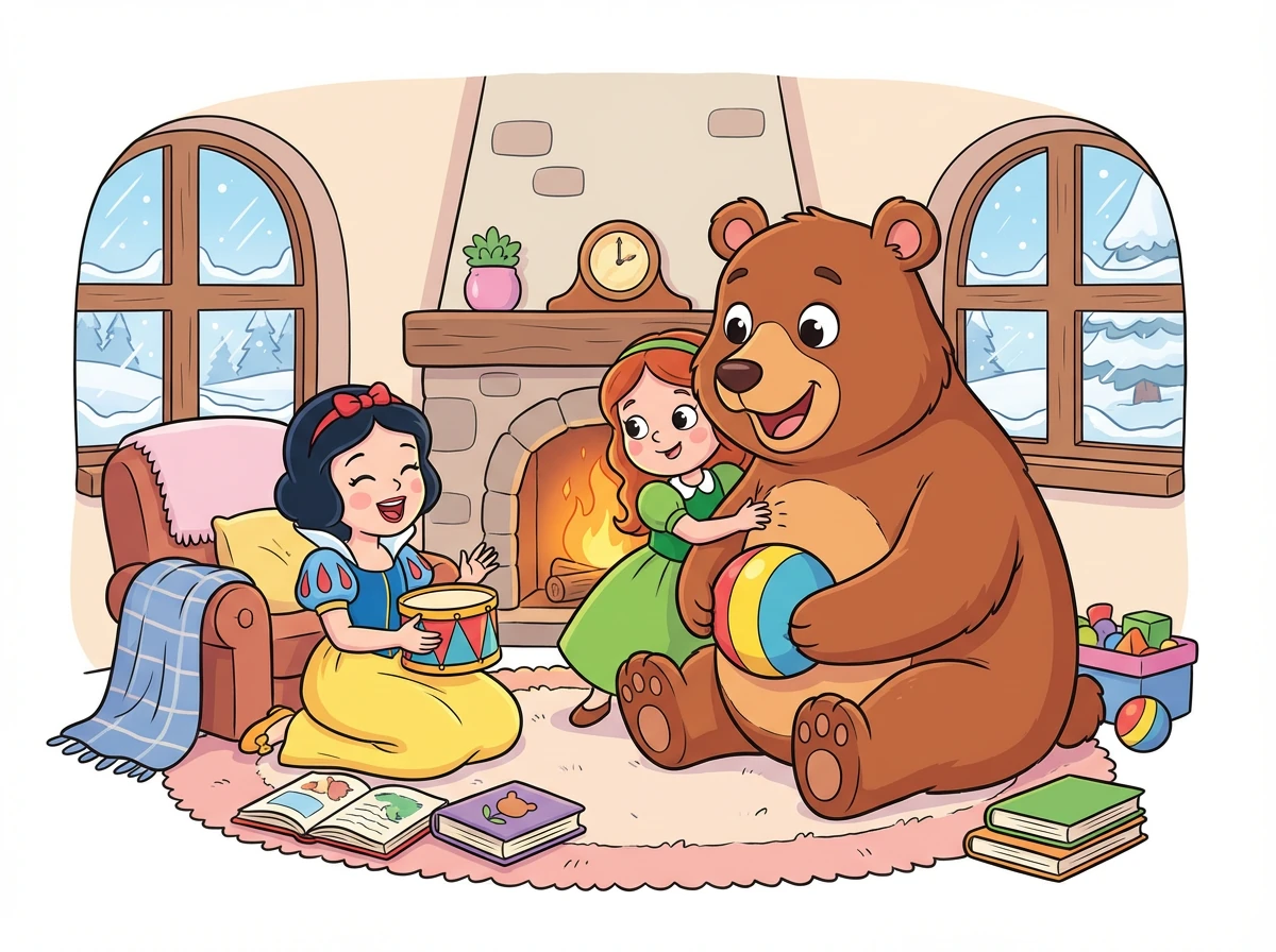 The bear stayed with them all winter, and Snow White and Rose Red would play games with him and tell him stories. They grew to love the gentle bear very much.