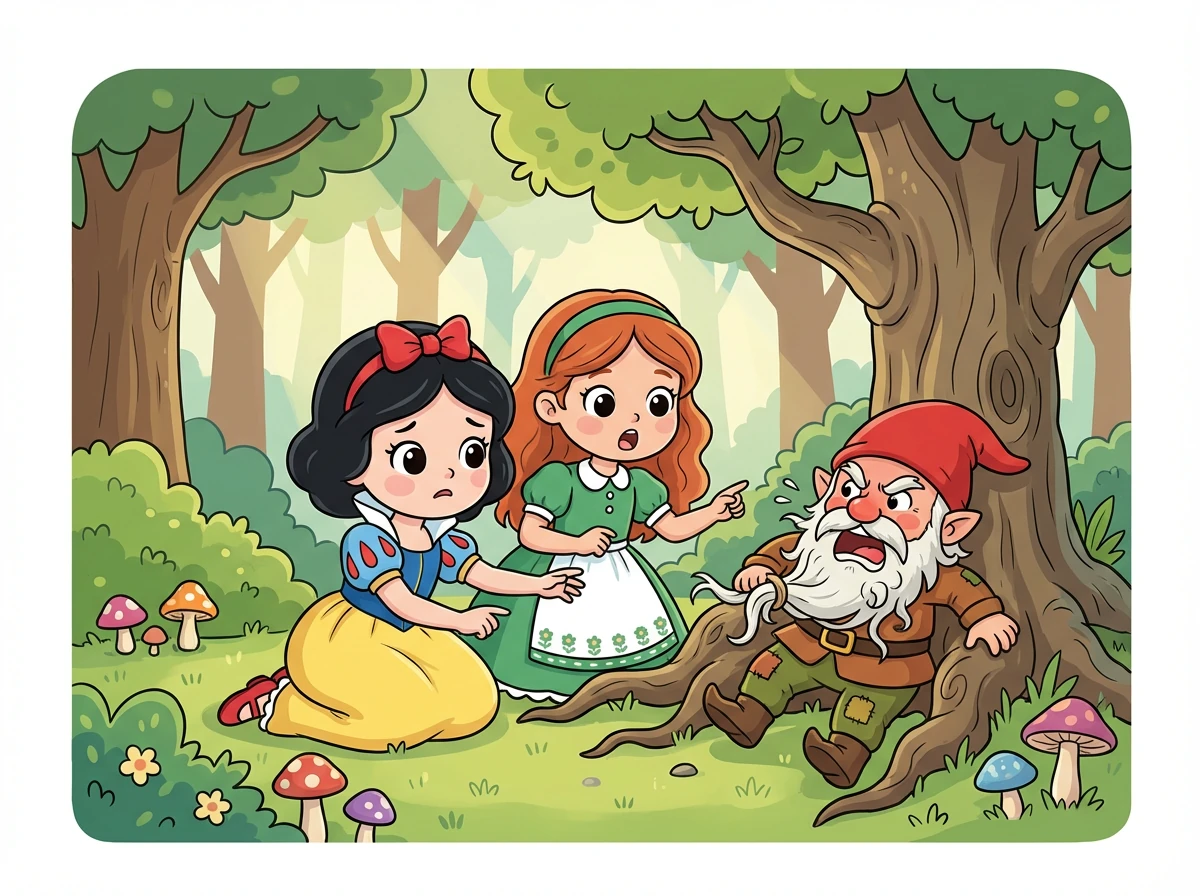 One day, while walking in the woods, they heard a cry for help. They found a dwarf whose beard was stuck in a tree root!
