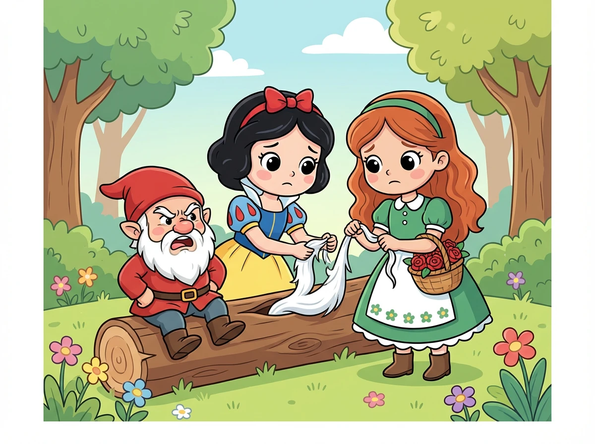 Snow White and Rose Red tried to help him, but the dwarf grumbled and complained. Finally, they managed to free his beard, but he didn't even thank them.