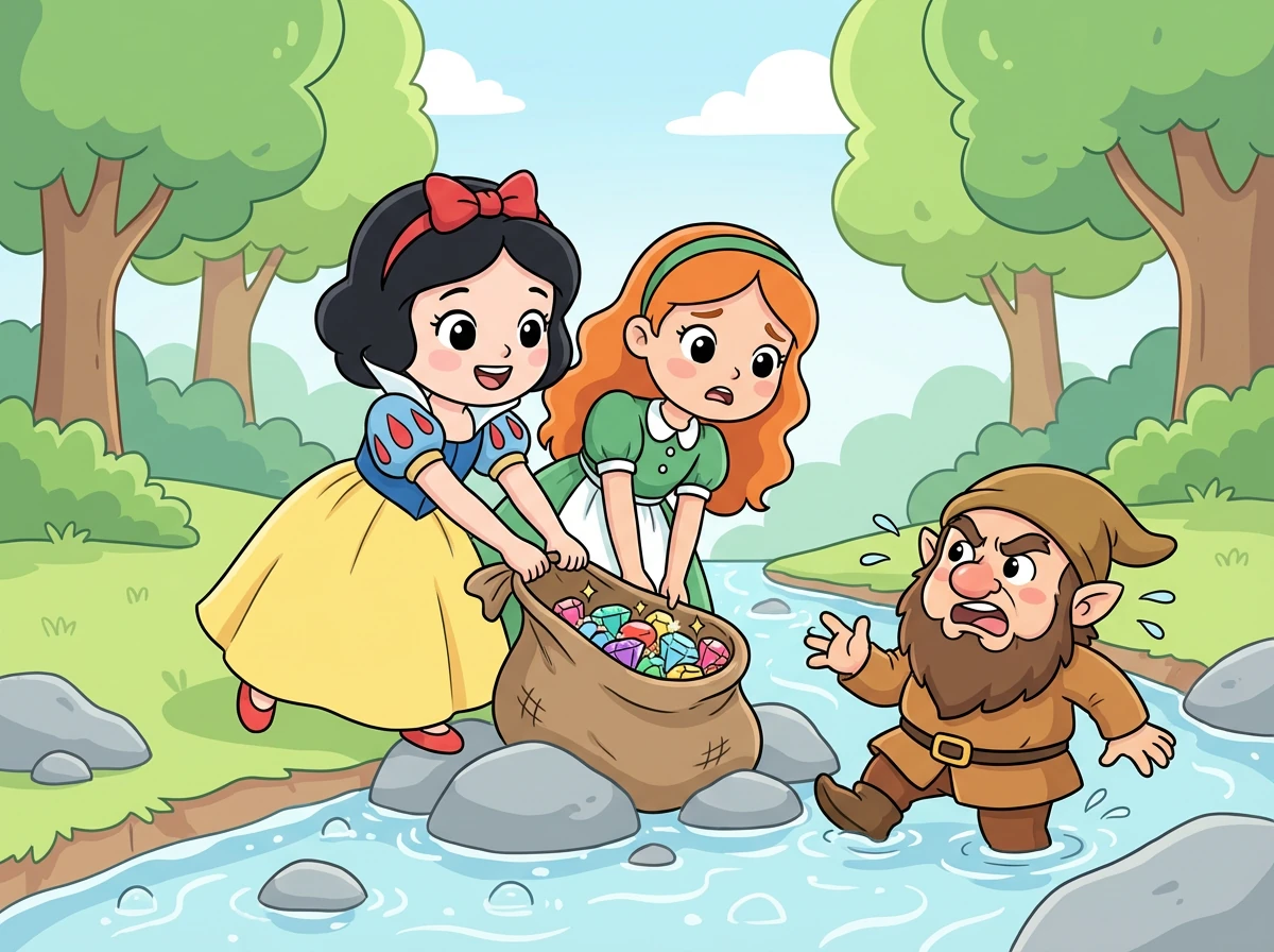 Later, they found the same dwarf again, this time his sack of jewels was stuck in a stream. Again, he complained as they helped him get it out.