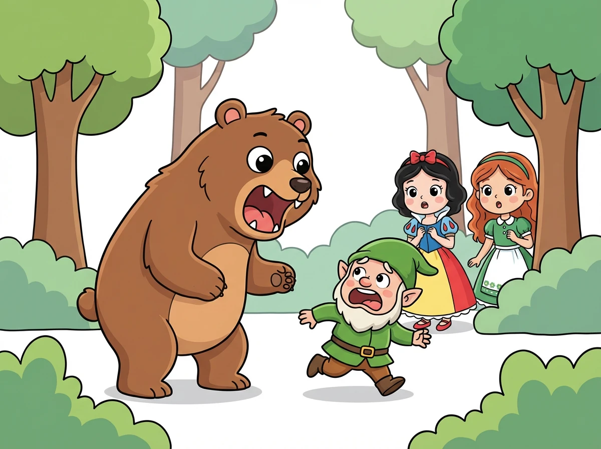 Suddenly, the bear appeared and roared at the dwarf! The dwarf screamed and tried to run away, but the bear quickly defeated him.