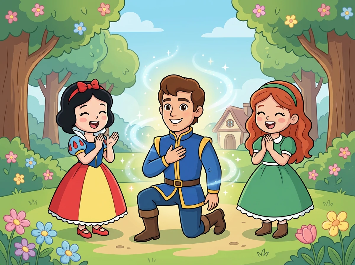 The bear then transformed into a handsome prince! He explained that the dwarf had enchanted him. Snow White and Rose Red, with their kindness, had helped break the spell. The prince and the sisters lived happily ever after.