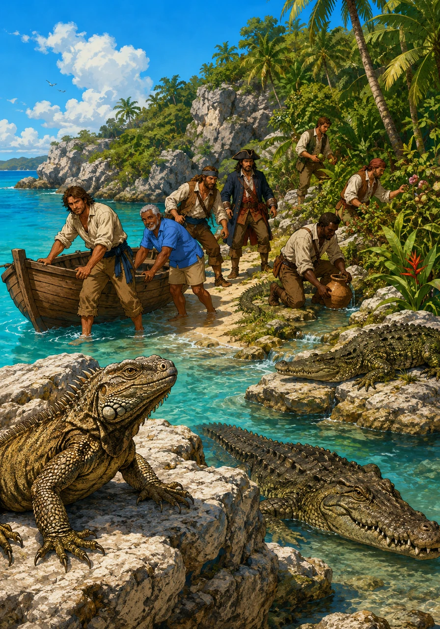 Later, the islands were renamed the Caymanas, after the large rock iguanas and crocodiles that roamed the land. These rugged shores became a haven for pirates and sailors looking for fresh water and food.