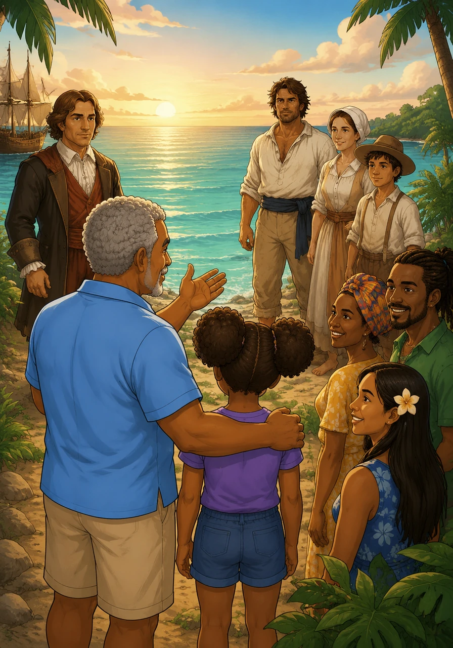 Grandpa Isaac looks out over the turquoise water, reminding Maya that being Caymanian is about more than just numbers or history. It is a spirit of Caymankind—a commitment to kindness, heritage, and the beautiful harmony of many cultures living as one.