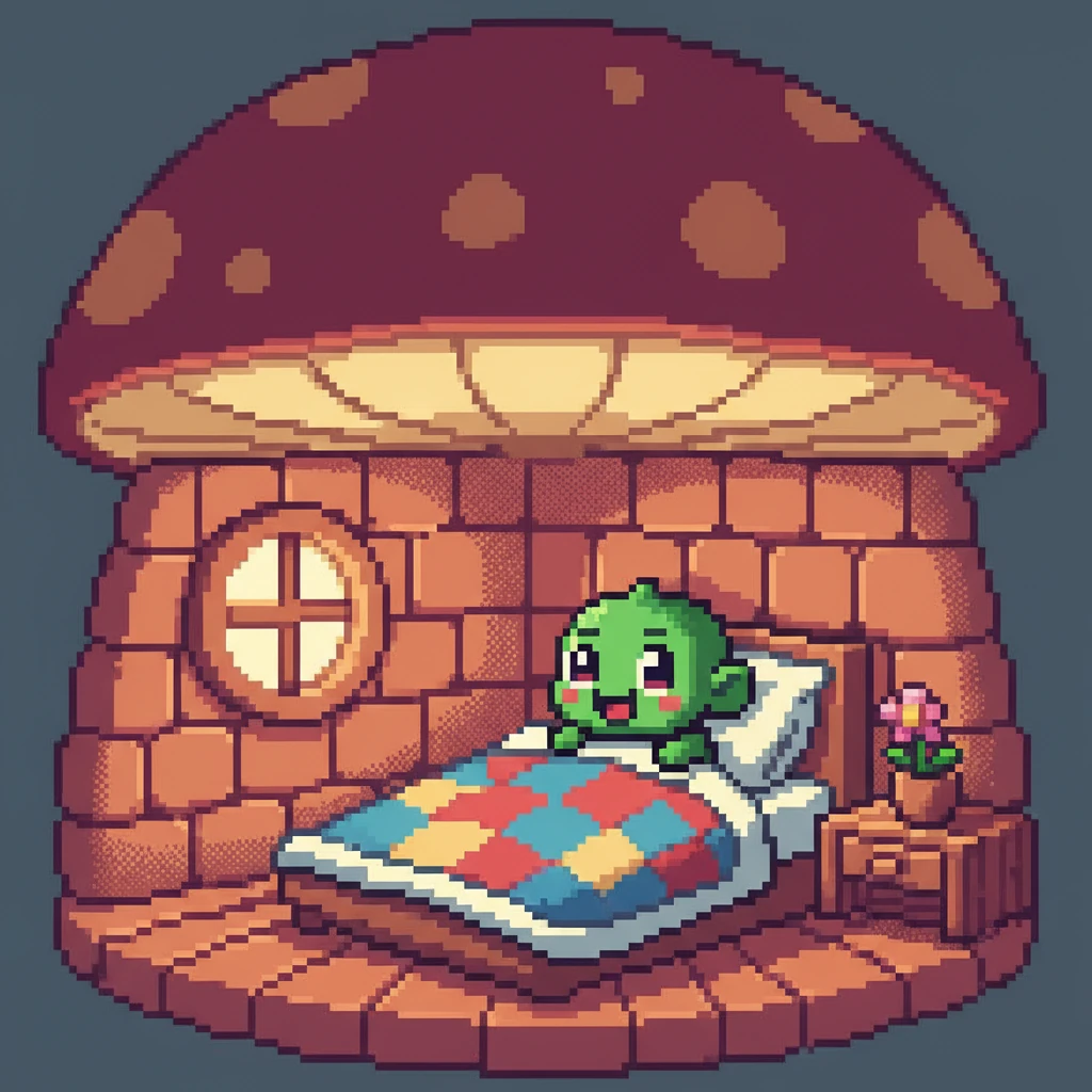 Piny, a tiny green sprite with bright pixel eyes, woke up in their cozy, blocky mushroom home. A soft, pixelated blanket was tucked neatly around them. Today felt different, a day ripe for something new beyond the familiar comforts of home.