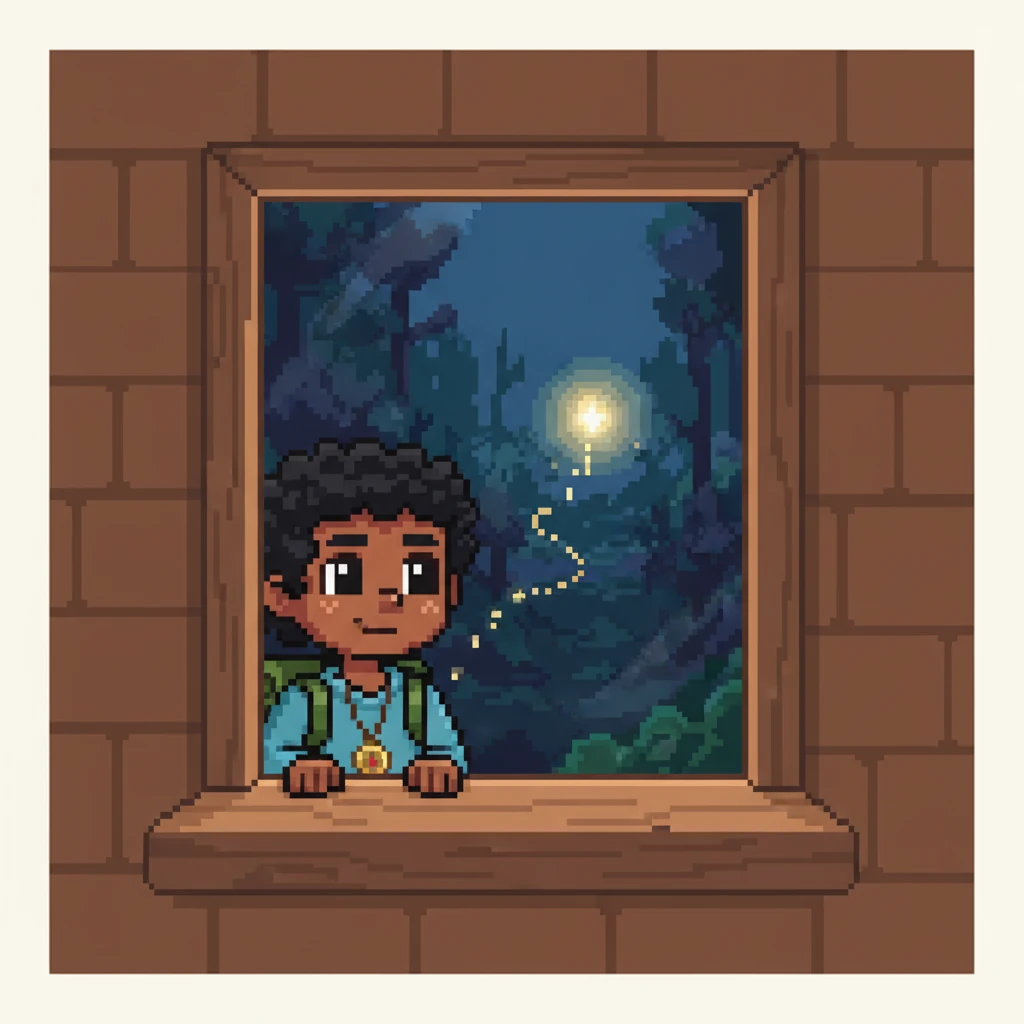 Peeking out a square window, Piny spotted a mysterious, faint glow shimmering in the distant pixelated forest. It pulsed with a gentle, inviting rhythm, unlike anything Piny had ever seen before. A spark of curiosity ignited within the little sprite's heart.