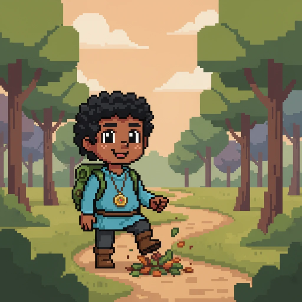 Driven by wonder, Piny carefully stepped out, their small pixel feet crunching on geometric leaves. The path ahead was a winding trail of simple brown pixels, leading deeper into the geometric trees. Each step felt like a grand leap into the unknown.