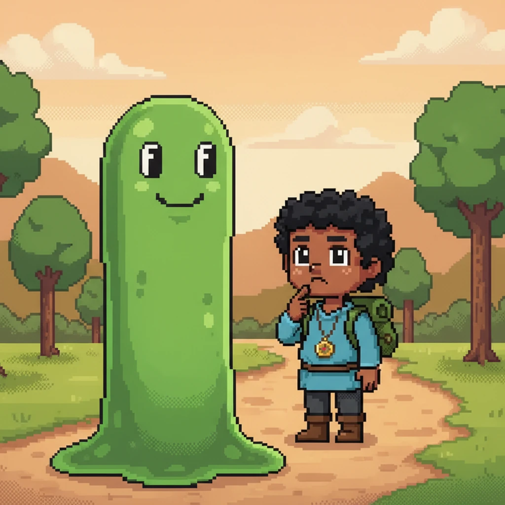 Suddenly, a wobbly, blob-like creature made of green pixels jiggled onto the path, blocking the way. It looked friendly but stood quite tall for Piny. The little sprite paused, thinking of a clever way to pass.