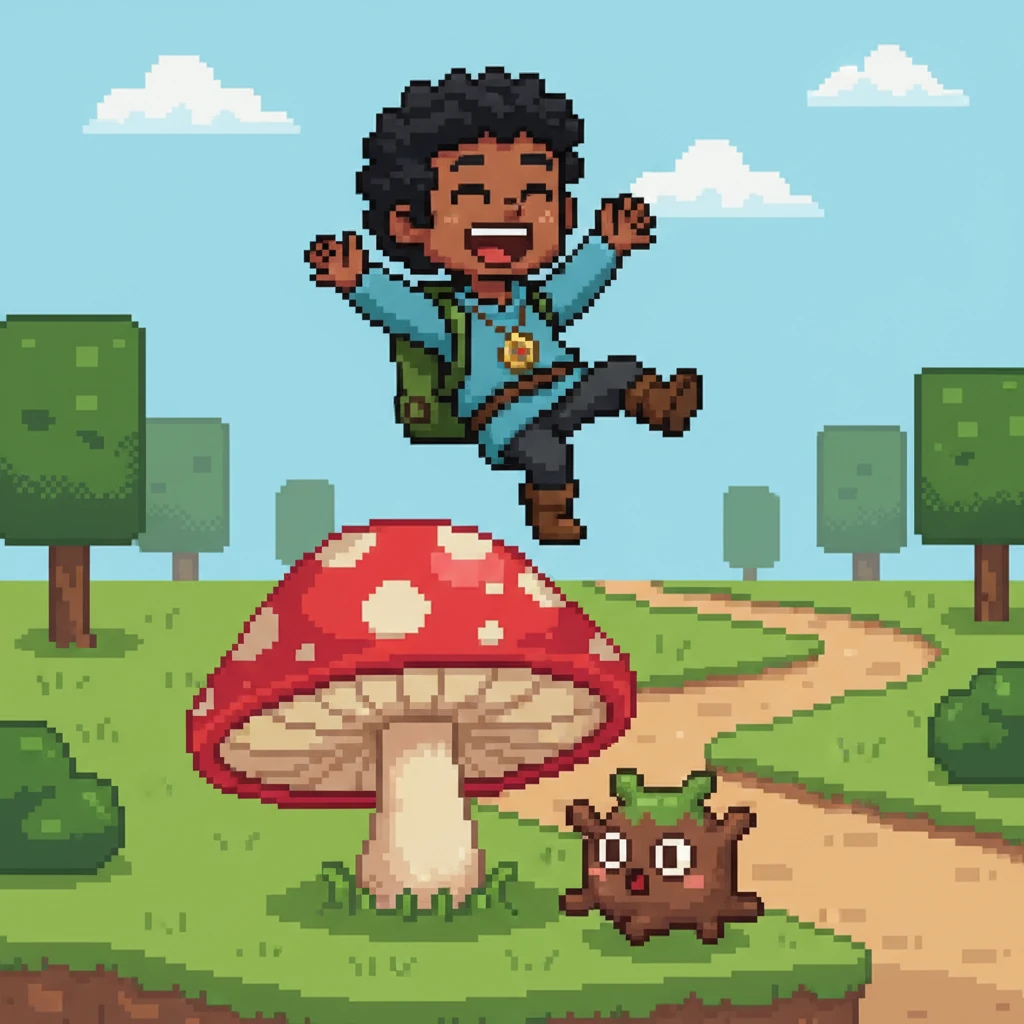 Spotting a vibrant red-capped pixel mushroom nearby, Piny got an idea. With a determined hop, Piny launched onto the mushroom, bouncing high over the wobbly creature with a joyful squeak. The path was clear once more!