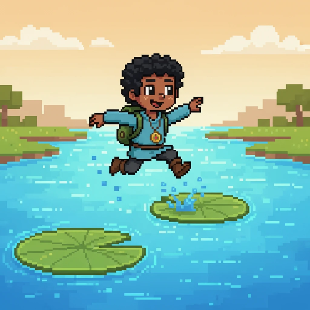 Further on, Piny encountered a wide, shimmering river, made of flowing blue pixels. Large, flat lily pads, perfect for hopping, floated across its surface. Piny carefully leaped from pad to pad, enjoying the cool pixel spray.