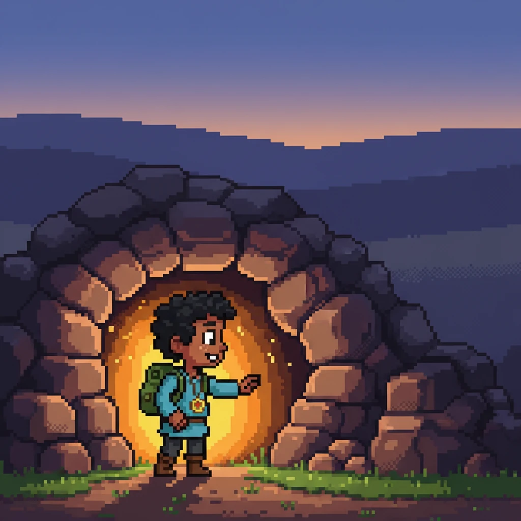 On the other side, hidden behind a cluster of blocky rocks, Piny discovered a dark cave entrance. It looked a little spooky but also incredibly exciting. The mysterious glow seemed to emanate from within its depths.