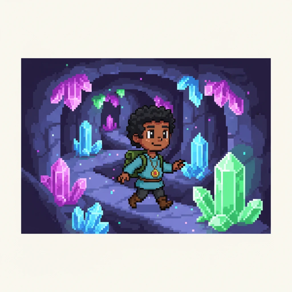 Inside, the cave was a spectacular maze of glowing pixel crystals. Purple, blue, and green gems lit the way, casting vibrant reflections on Piny's face. The little sprite carefully navigated the sparkling corridors, marveling at the beauty.