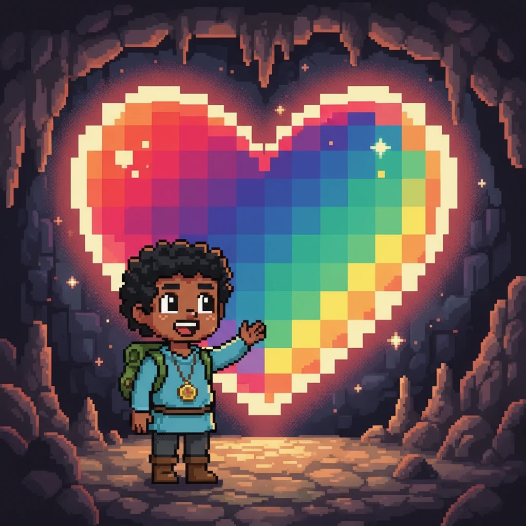 Finally, in the heart of the cave, Piny found the source of the glow: a magnificent, pulsing pixel heart. It radiated warmth and a kaleidoscope of colors, filling the chamber with pure magic. It was more beautiful than Piny could have imagined.