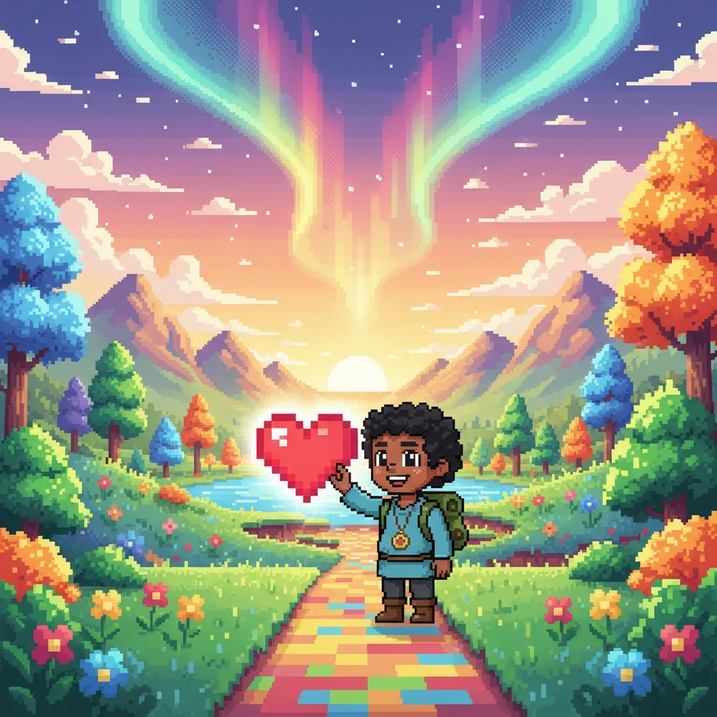 Piny gently touched the radiant heart, and a wave of new, vibrant colors washed over the entire pixel world. With a contented smile, Piny began the journey home, knowing that the greatest adventure was not just in finding something new, but in experiencing the world with an open heart.