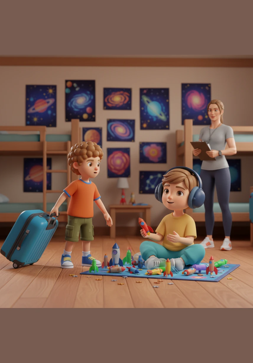 Sam arrives at the Starry Skies Summer Camp, dragging his bright blue suitcase into a room filled with posters of glowing planets. He sees his new roommate, Leo, sitting on the floor surrounded by dozens of colorful toy rockets and shiny stars.