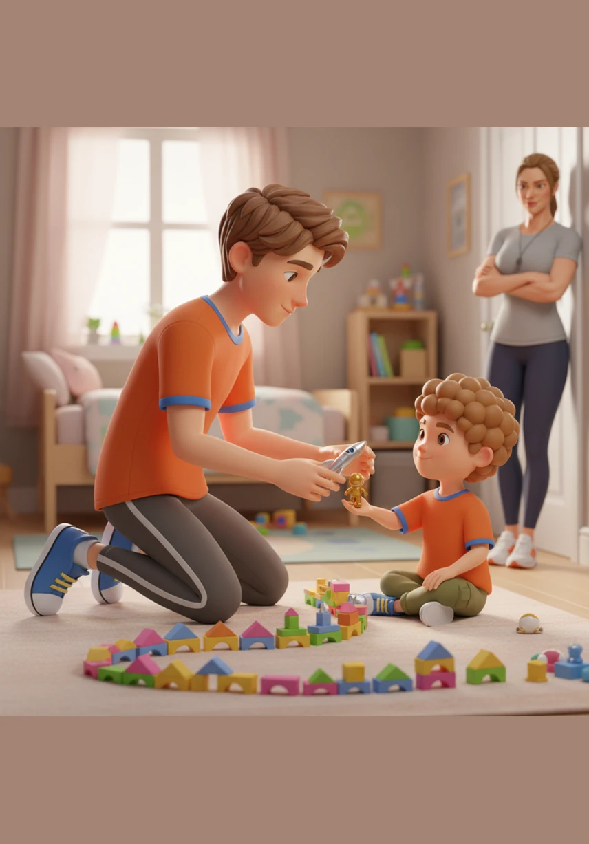 Sam picks up a silver rocket and gently places it at the end of Leo’s long line, making sure to match the pattern perfectly. Leo looks up for the first time, gives a small, knowing smile, and hands Sam a tiny golden astronaut figurine as a sign of welcome.