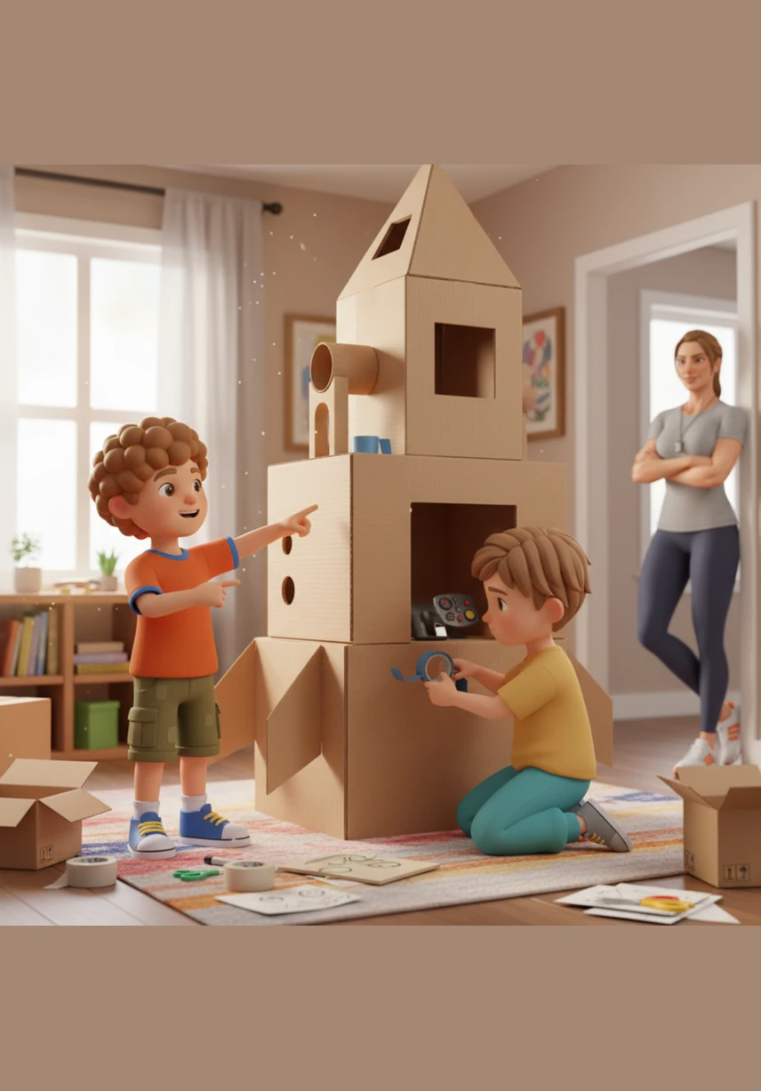 Together, they start building a giant cardboard spaceship, combining Sam's big imagination with Leo's amazing attention to detail. They don't need many words to understand each other; their shared project becomes their own special language of friendship.