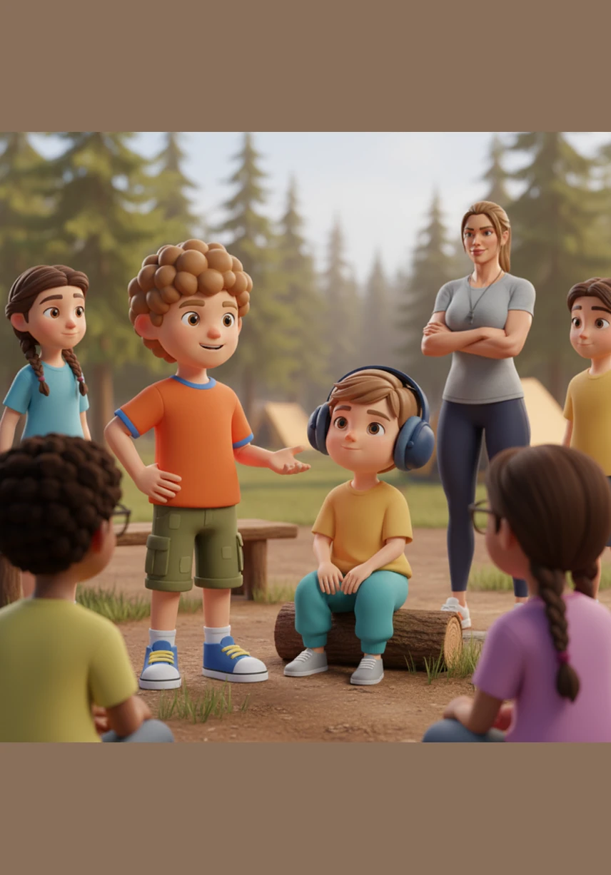 When another camper asks why Leo is wearing big noise-canceling headphones, Sam stands up for his friend with a proud and kind smile. He explains to the group that the headphones help Leo feel comfortable so he can use his amazing 'super-vision' to help their team.