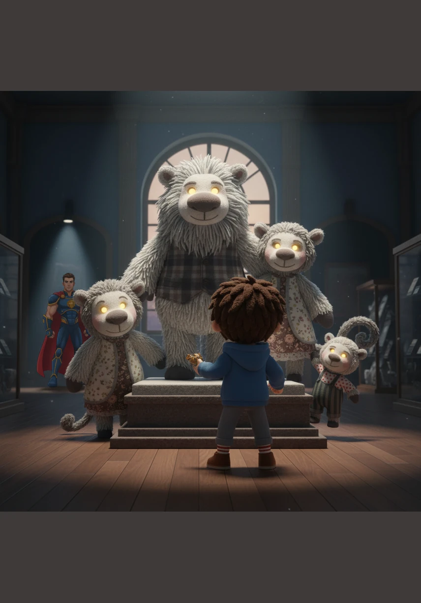 Inside a grand exhibit hall, Leo stands in awe before a massive, fossilized jaw bone from the world of Jurassic Park. The ancient, sharp teeth look powerful enough to crush a car, making him feel like he has stepped millions of years back in time.