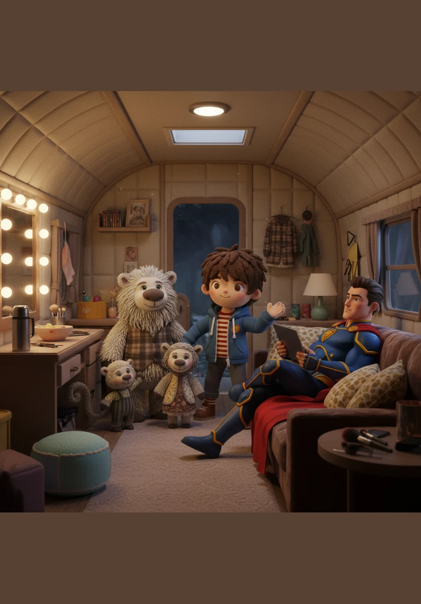 The family is invited to step inside the actual production trailers where the movie stars prepare for their scenes. It is a fascinating glimpse into the private, cozy world behind the camera where actors relax between takes.