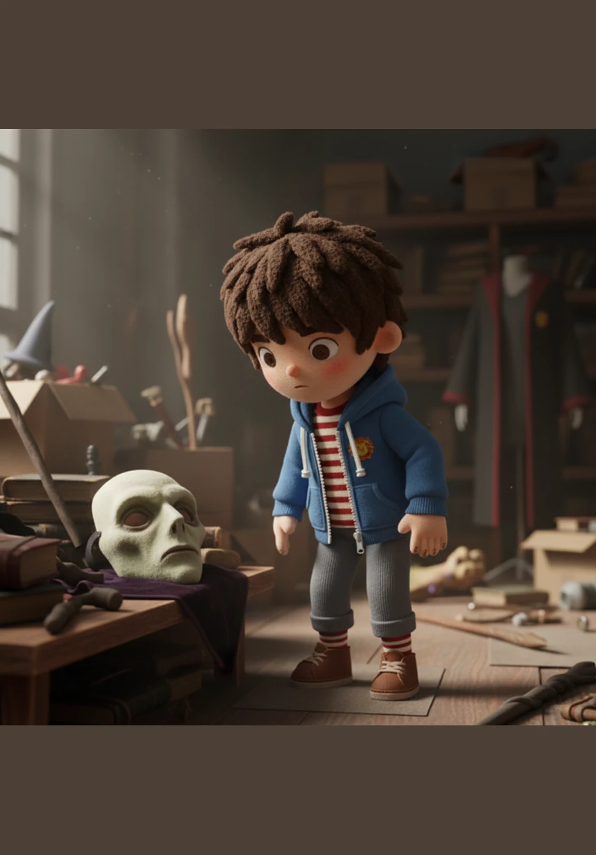 In a dimly lit corner of the prop room, Leo discovers the eerie, pale mask of the wizard who must not be named. The sight of Voldemort’s face sends a tiny shiver down his spine, reminding him of the incredible power of movie makeup and design.