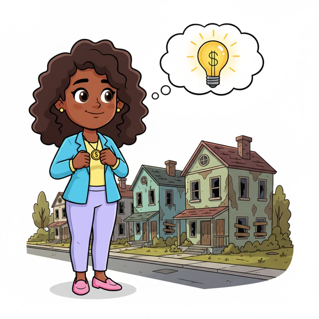 Sheila felt tired from her long hours, watching rundown houses and wishing someone would fix them. One day, a spark ignited: "What if I fixed the house… and let the house fix my life?" Her eyes lit up with a new, exciting possibility.
