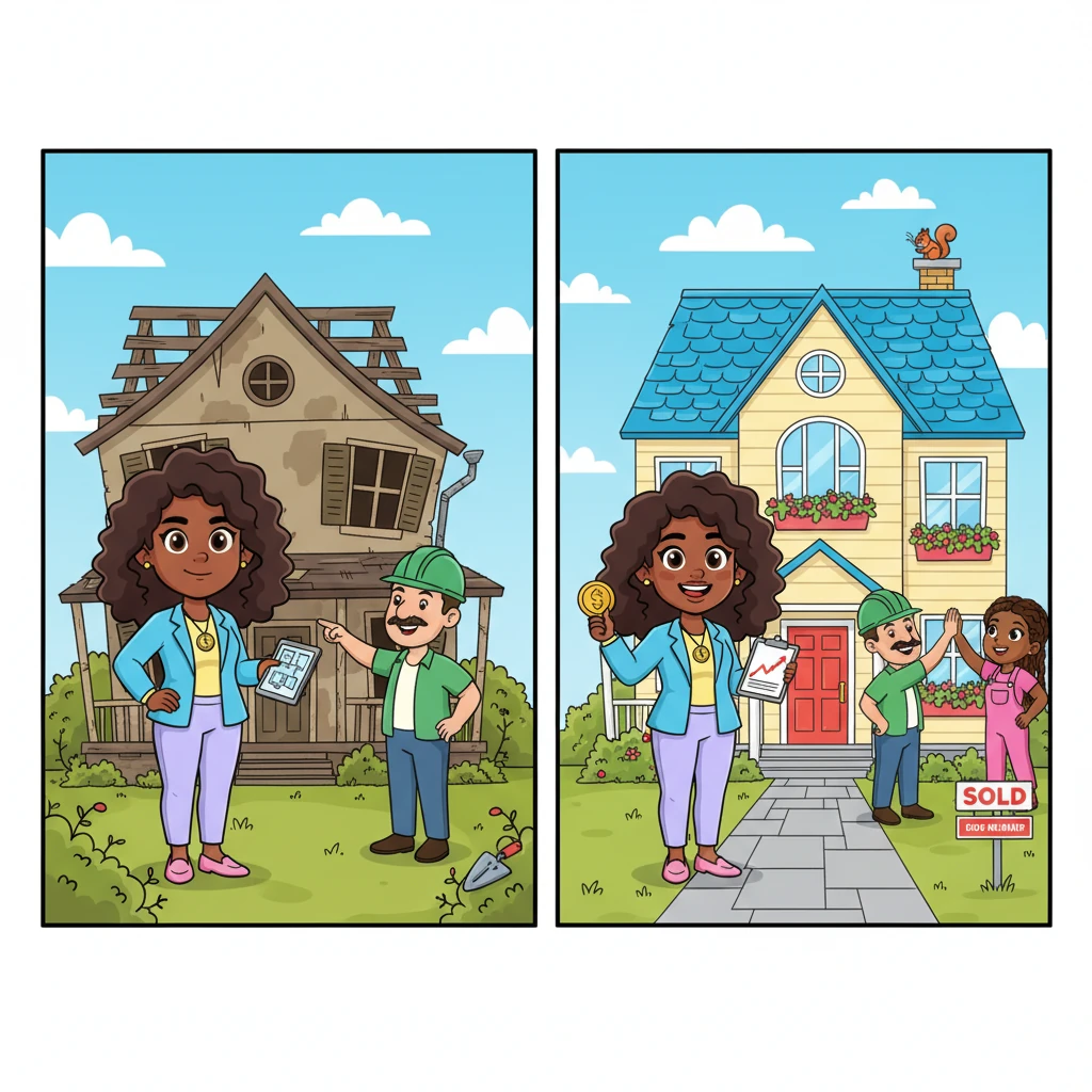Sheila found an "ugly" house everyone else ignored, but she saw its hidden potential. With a cheerful team, she expertly fixed the roof, updated the kitchen, and added charming curb appeal. Soon, the house was transformed and sold for a fantastic profit, which Sheila wisely reinvested.