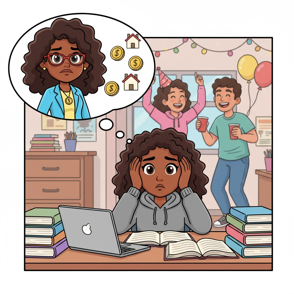 Jasmine, a bright student, worried about looming student loans while her friends focused on parties. Ms. B appeared in a wise thought bubble, sharing a powerful truth: "If you can pay rent, you can own property." This simple idea sparked a brilliant plan for Jasmine.