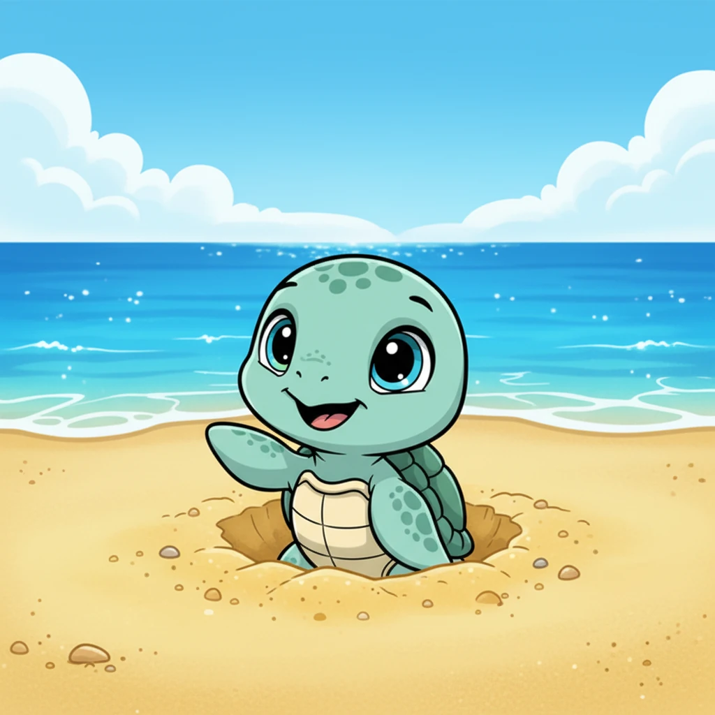 A tiny sea turtle, Pip, pokes his head out of a sandy nest on a sunny beach. His big, curious eyes blink at the bright blue sky and the sparkling, endless ocean stretched before him. He wiggles, eager to start his grand adventure.