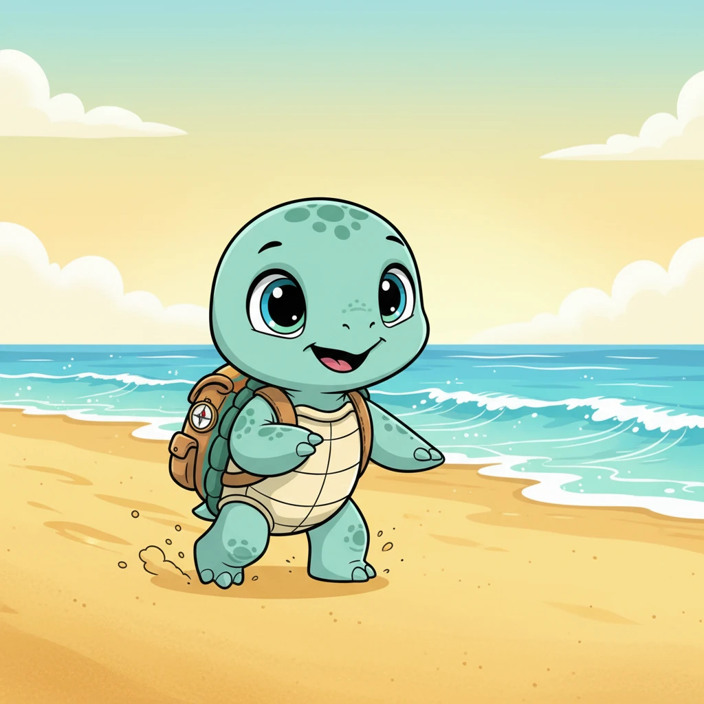 Pip waddles across the warm sand, his little flippers working hard. He's determined to reach the cool, inviting water. The gentle waves seem to call his name, promising a world of discovery.
