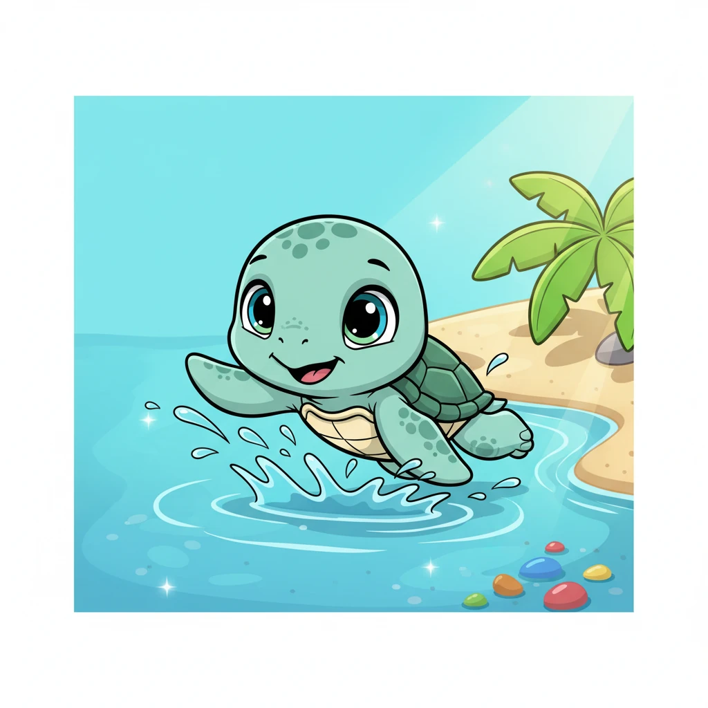 With a final push, Pip tumbles into the shallow, crystal-clear water. He feels the refreshing coolness envelop him, and his flippers instantly know what to do. He takes his first graceful strokes.