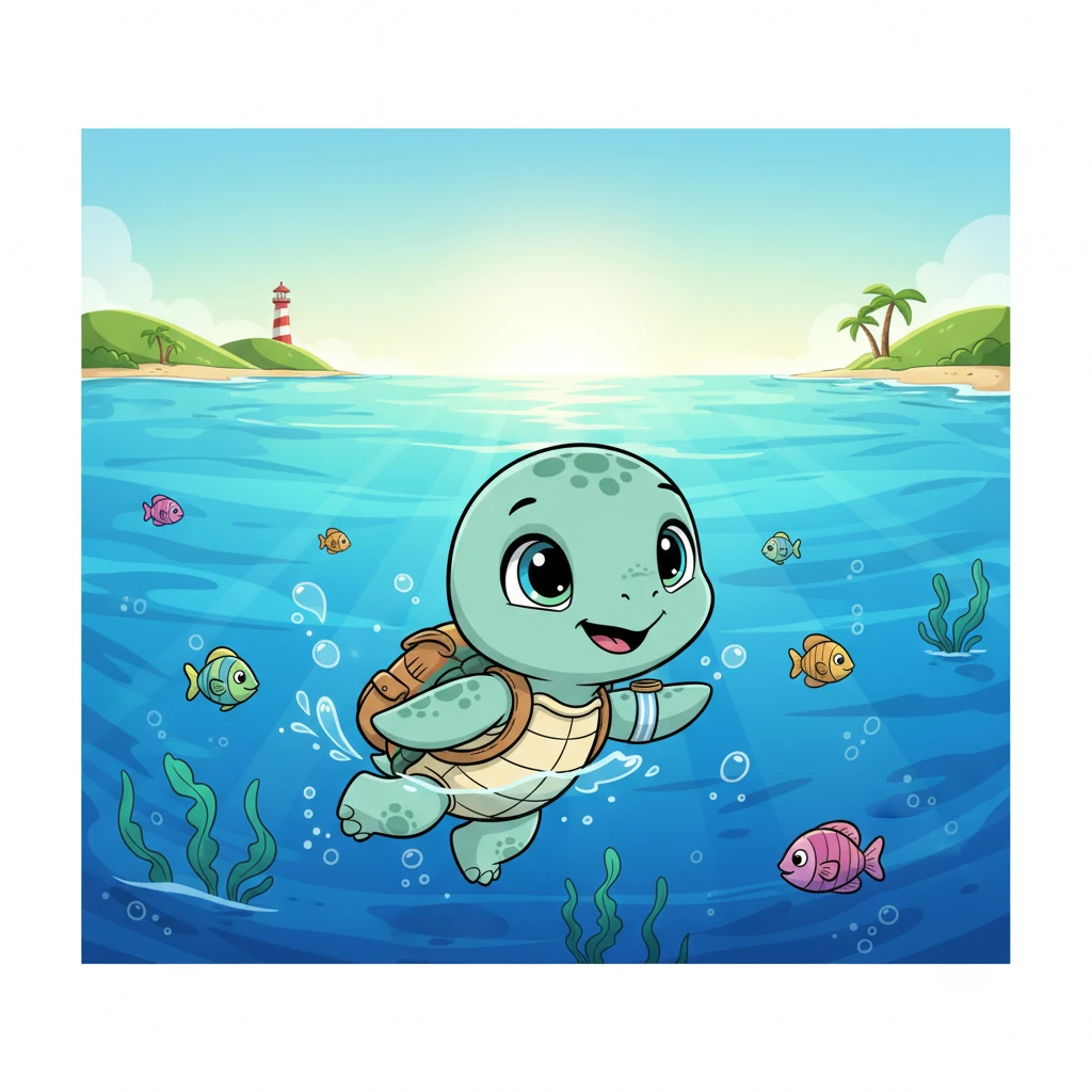 Pip swims a little further, turning his head back for a moment to gaze at the receding shoreline. He feels a thrill of excitement and a touch of wonder for the big journey ahead. The vast ocean beckons him deeper.