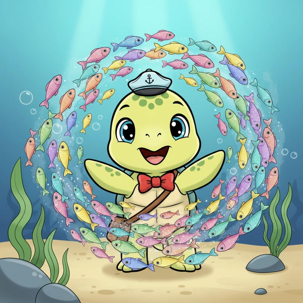 Suddenly, a swirling cloud of iridescent fish appears before him. They shimmer in every color of the rainbow, darting and dancing in perfect harmony. Pip's eyes widen with delight at the vibrant spectacle.