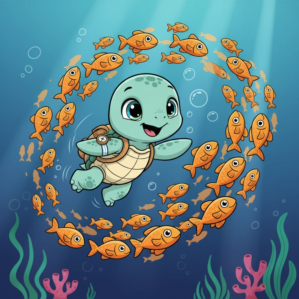 Pip playfully swims alongside the school of fish, weaving in and out of their formations. He feels like he's part of their lively dance, making new friends in the vast blue world. Laughter bubbles up inside him.