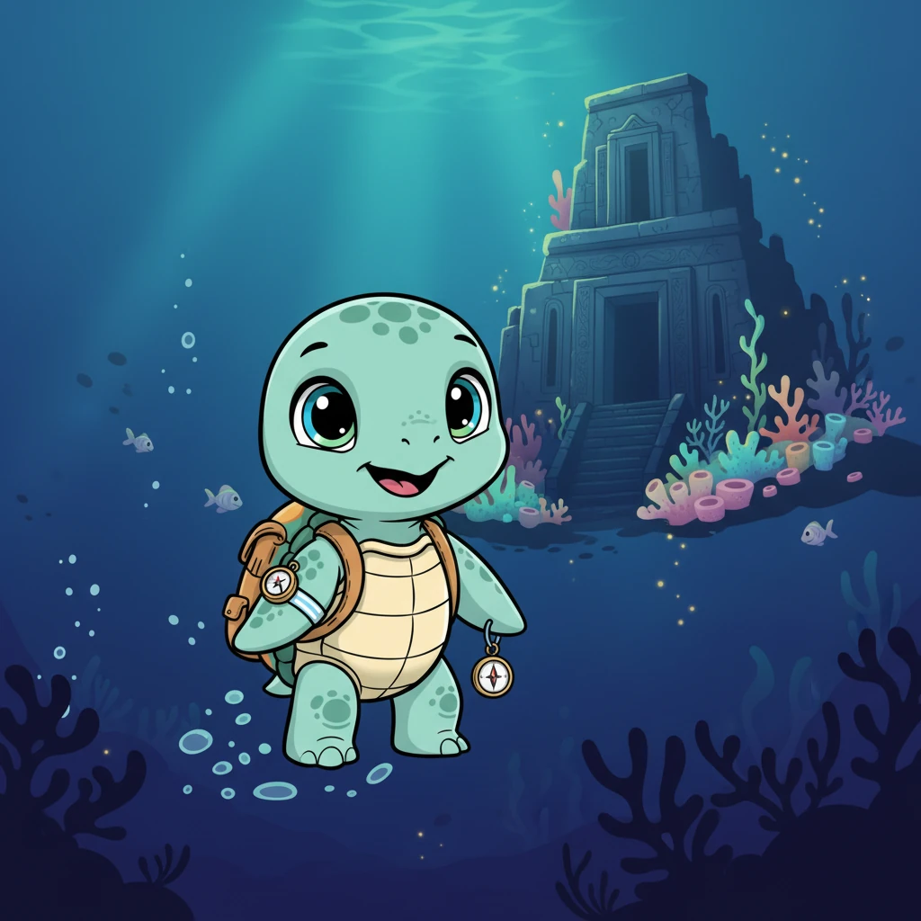 As Pip glides deeper, a magnificent, shadowy shape emerges in the distance. It looks like a grand, ancient structure, partly hidden by soft coral and glowing algae. A sense of wonder fills Pip's heart.