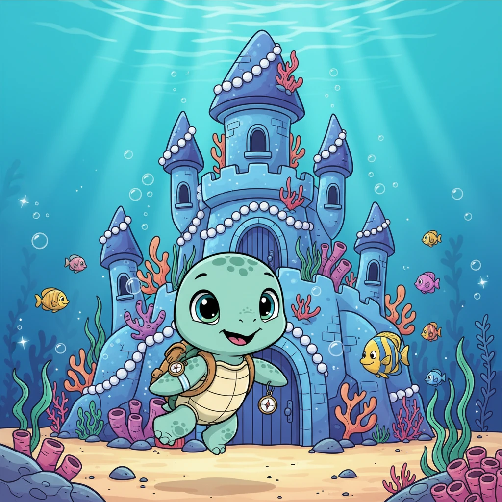 Curiosity pulling him forward, Pip swims steadily towards the mysterious underwater castle. Its towers and archways slowly become clearer, adorned with shimmering pearls and colorful sea plants. He can't wait to see what secrets it holds.