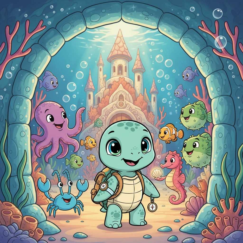 Pip enters a grand archway, discovering the castle is home to friendly, smiling sea creatures of all shapes and sizes. They wave their fins and antennae, welcoming the little turtle to their magical abode. He feels safe and happy.