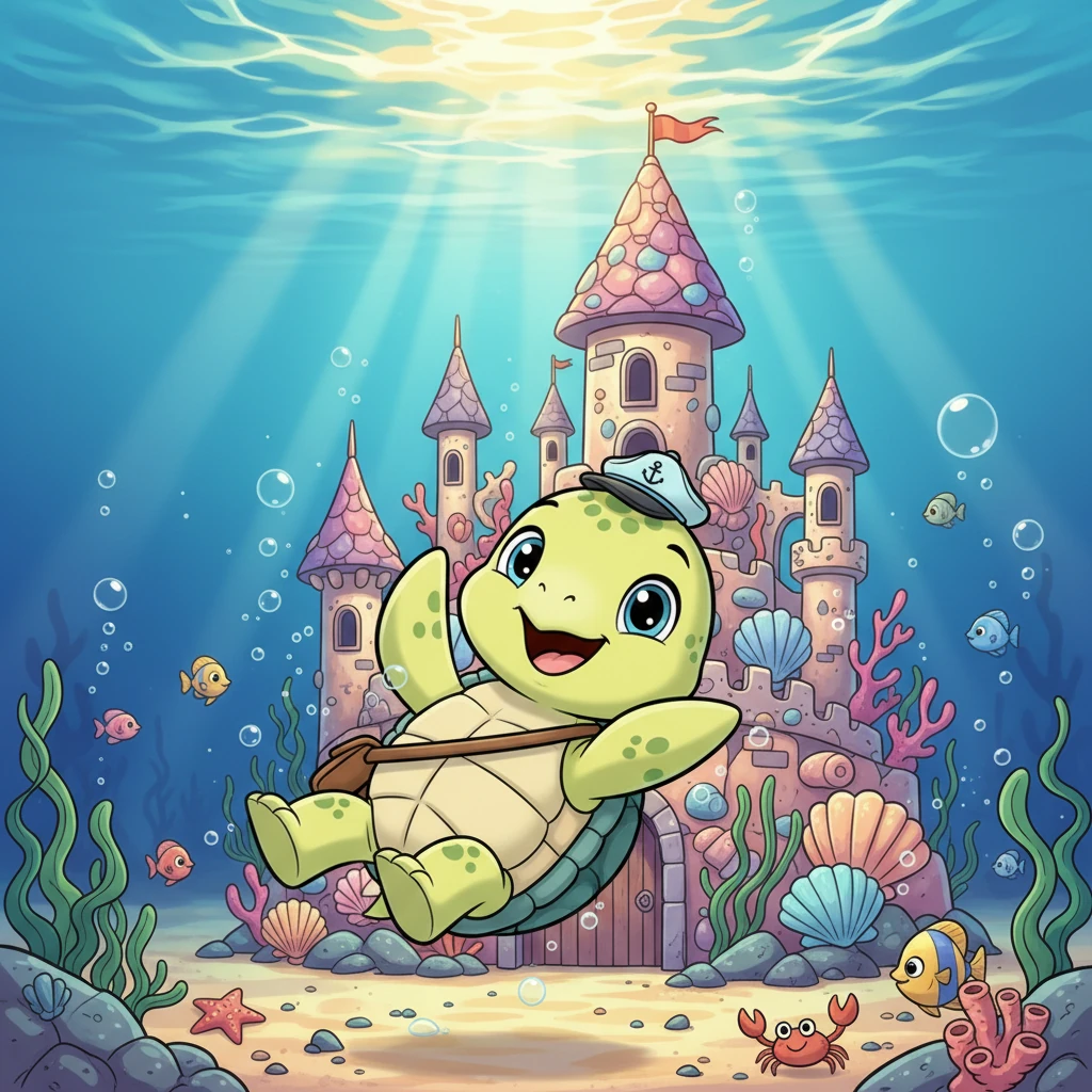 Pip floats contentedly in front of the majestic castle, realizing the ocean is even more amazing than he imagined. He knows this is just the beginning of many wonderful adventures. With a joyful flip of his flippers, he smiles, ready for whatever comes next.