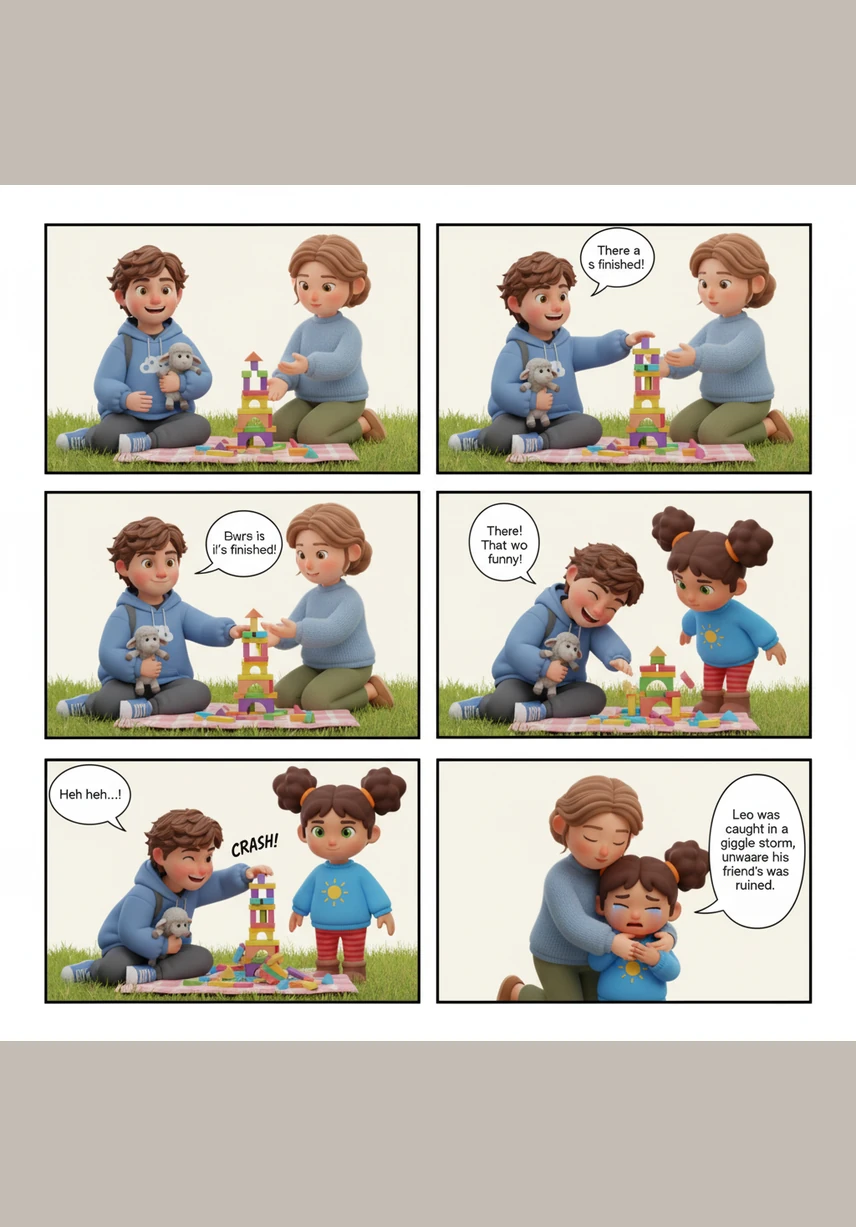 One of his friends looks like they might cry because their hard work was ruined. Leo is still caught in his giggle storm and doesn't notice that the mood has changed.