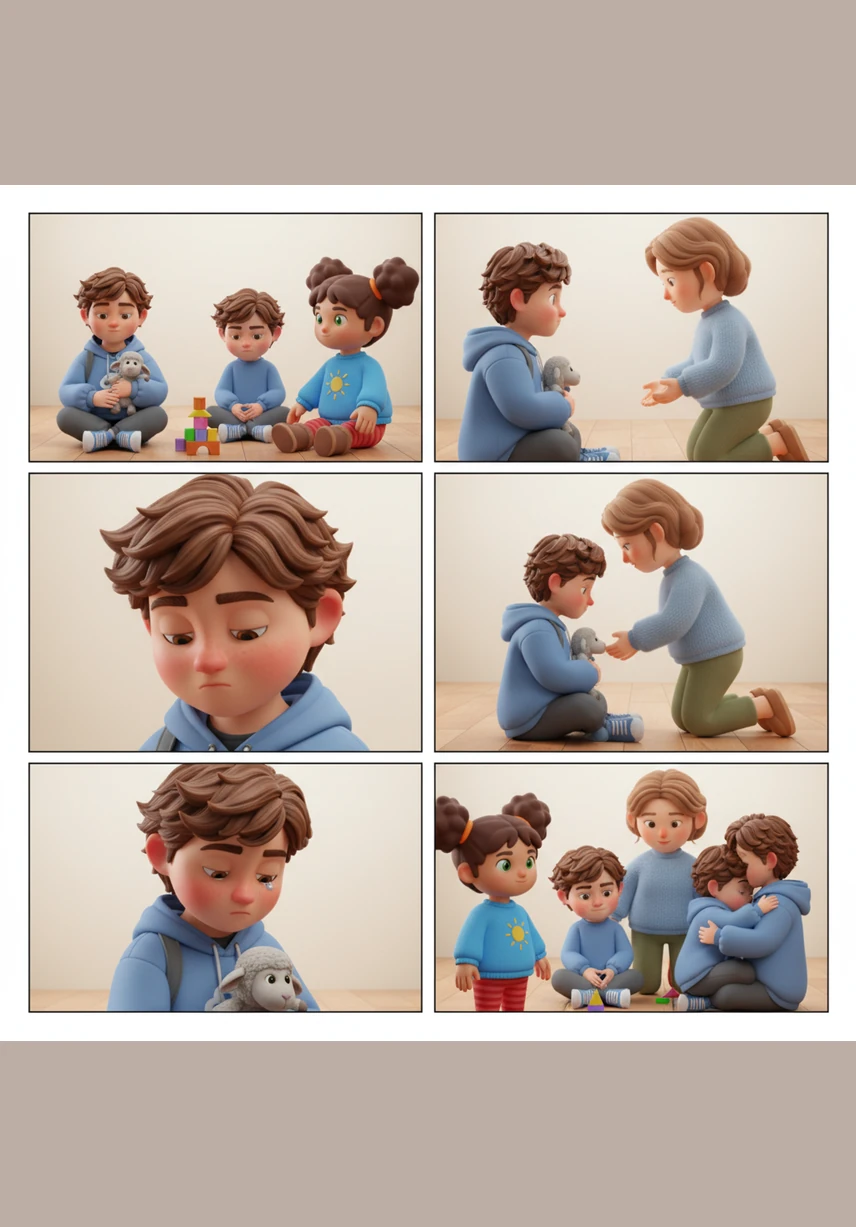 Leo’s mom walks over quietly and kneels down so she is right at his eye level. She wears a kind and patient expression, waiting for a moment to speak.