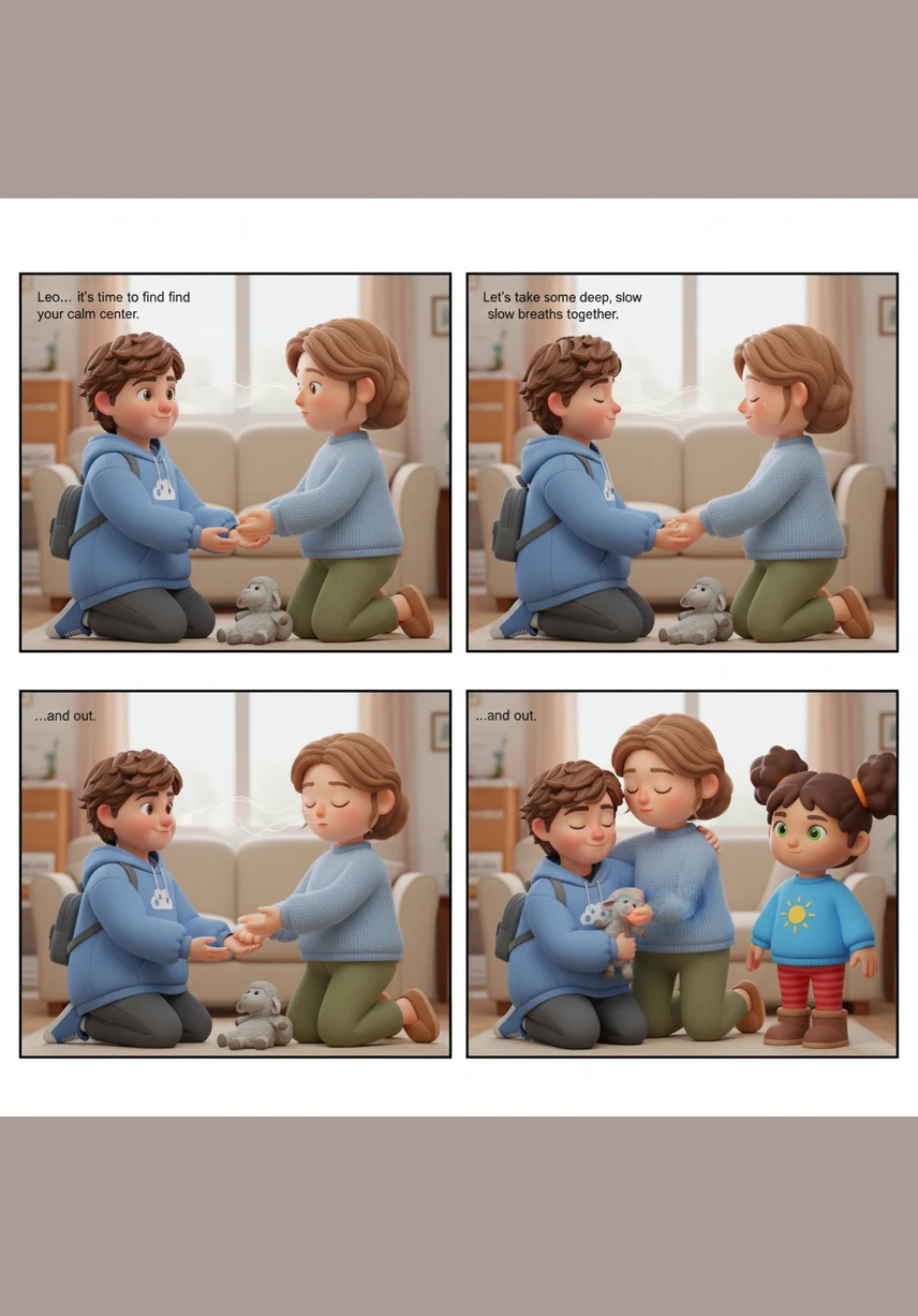 She gently holds Leo’s hands and says it is time to find his calm center. She whispers softly that they should try to take some deep, slow breaths together.