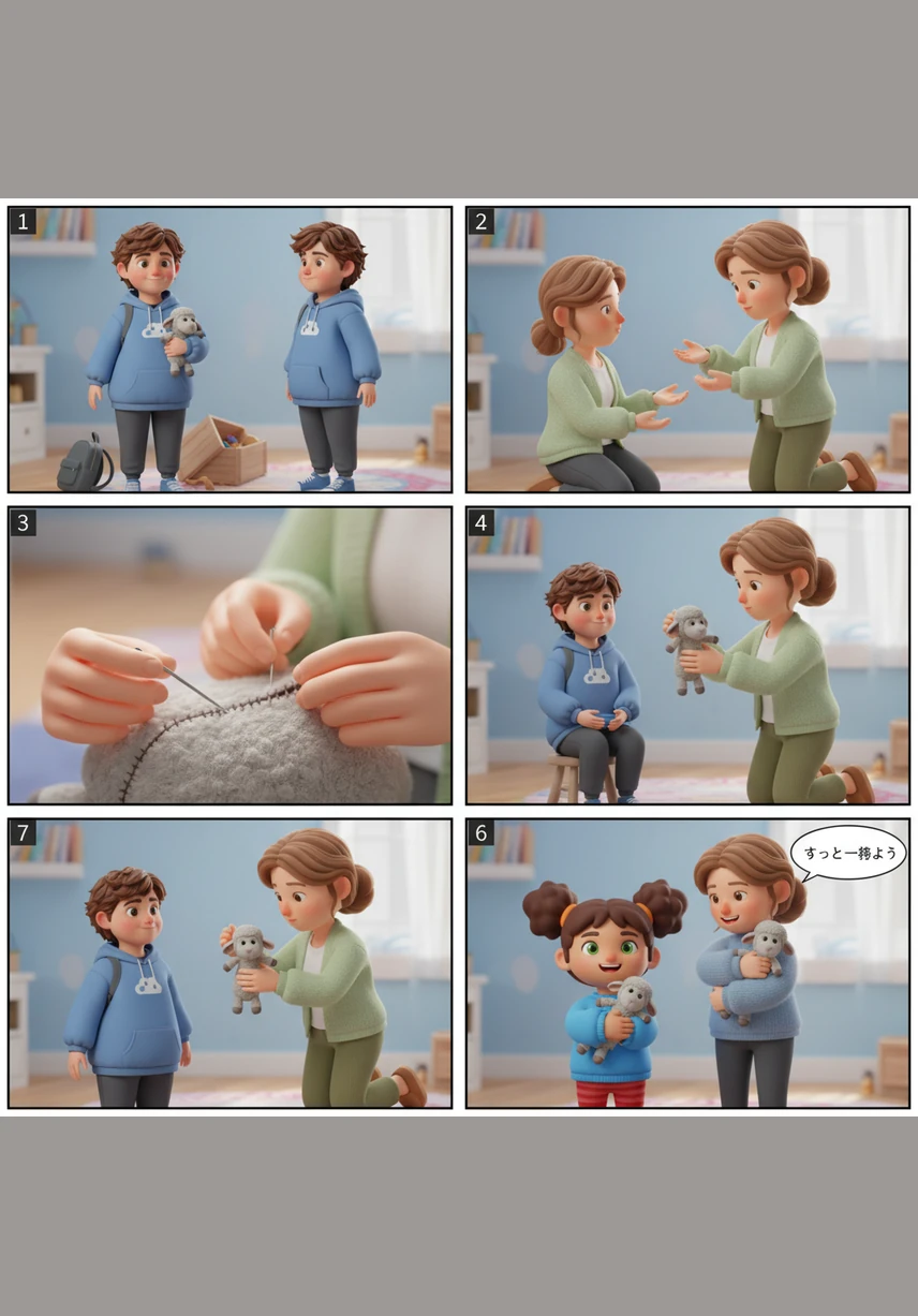 He breathes out slowly through his mouth, imagining the wild giggles floating away like tiny clouds. His shoulders drop and his body begins to feel relaxed and still.