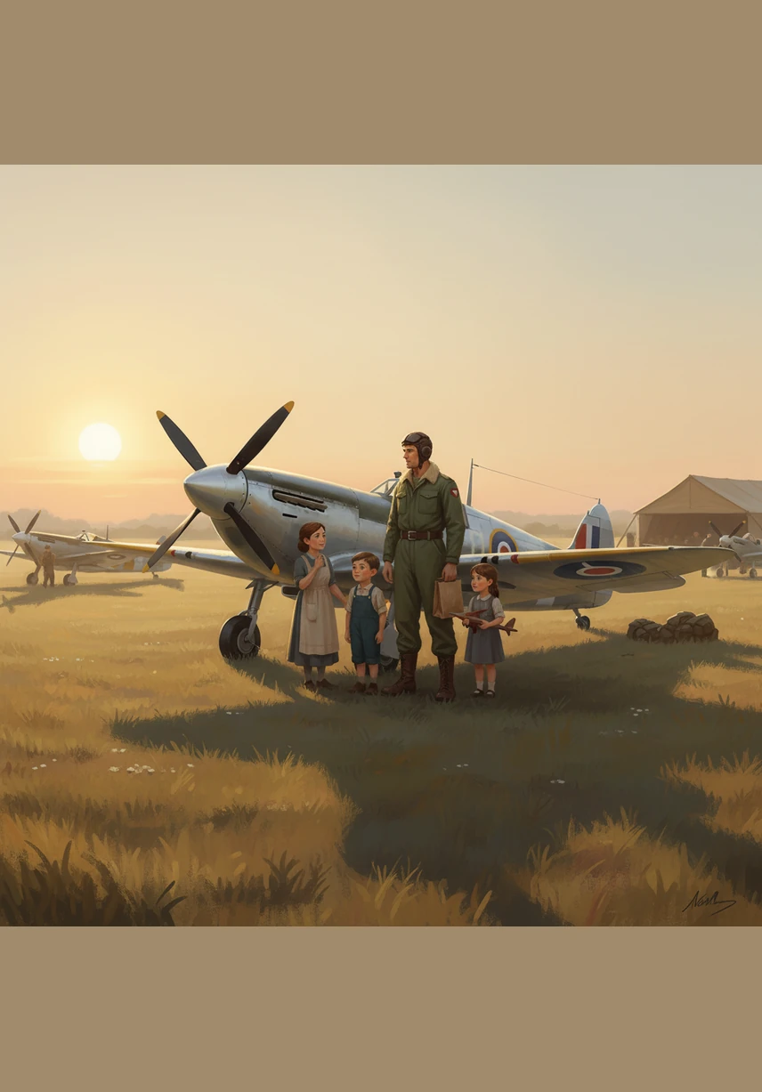 Arthur Vance stands beside his silver Spitfire as the first light of dawn breaks over the English airfield. He adjusts his leather flight cap, feeling the weight of the mission ahead and the cool morning mist on his face.